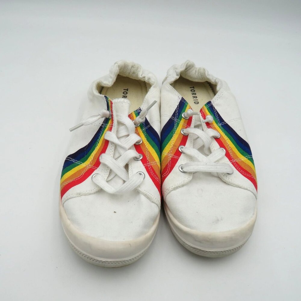 Torrid Shoes Womens Size‎ 9.5 White Canvas Rainbow Stripe Slip On Sneakers